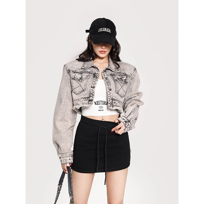 Trie Washed Bleach Denim Grey Multi Pocket Long Sleeve Cropped Jean Jacket