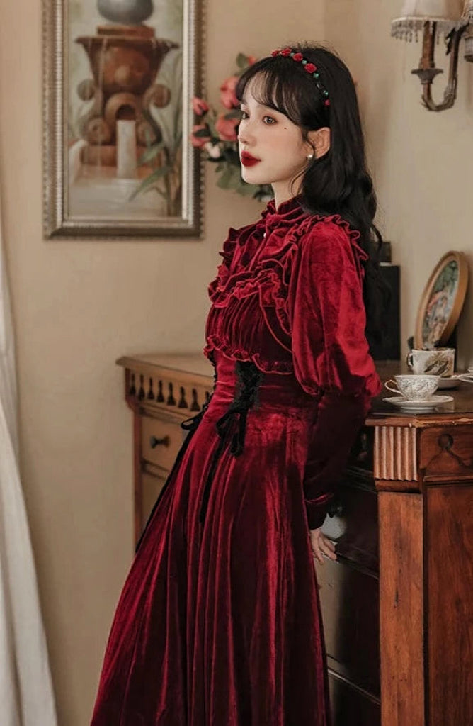 Ruby Victorian-Vintage-Academia Burgundy-Red Velvet Dress