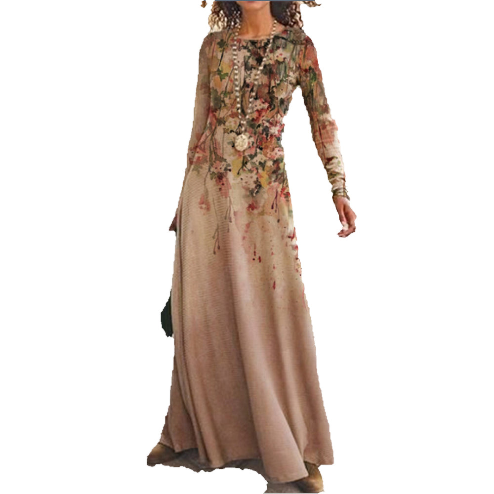 Fashion Long Sleeves Casual Round Neck Elegant Retro Print Maxi Dress