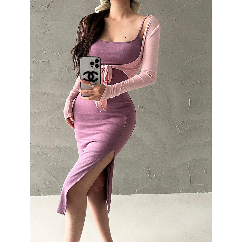 Jaine Solid Color Side Split Slim Long Sleeve Tight Wrap Dress Cardigan Set