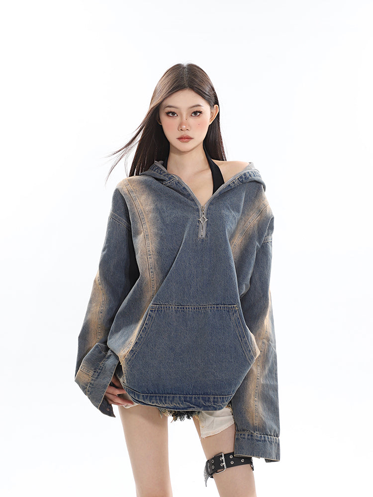 Kenza Washed Denim Blue Vintage Long Sleeve Zip Up Hoodie