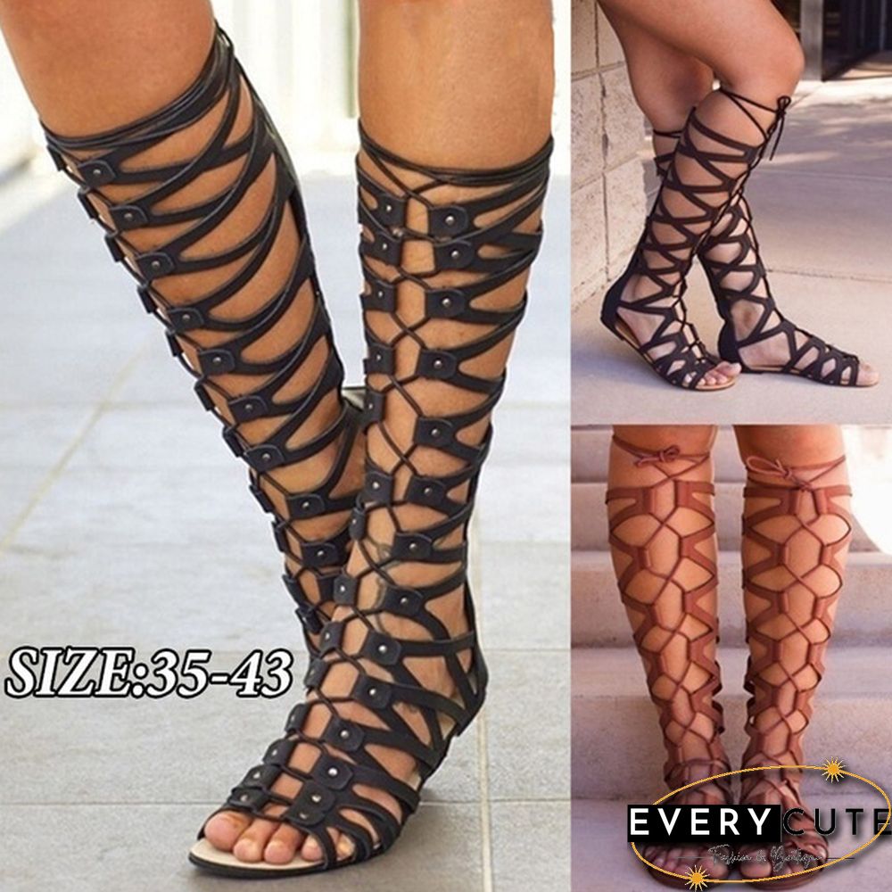 New Women Fashion Gladiator Sandals Flats Summer Shoe Ladies Sexy Casual Knee-High Boots Multi-Strap Gladiator Sandals Women Shoes Plus Size 35-43