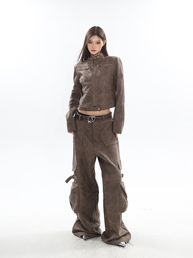 Natasha Washed Leather Zip Up Multi-Zipper Long Sleeve Jacket + High Waist Straight Leg Multi Pocket Cargo Long Baggy Pants Matching Set