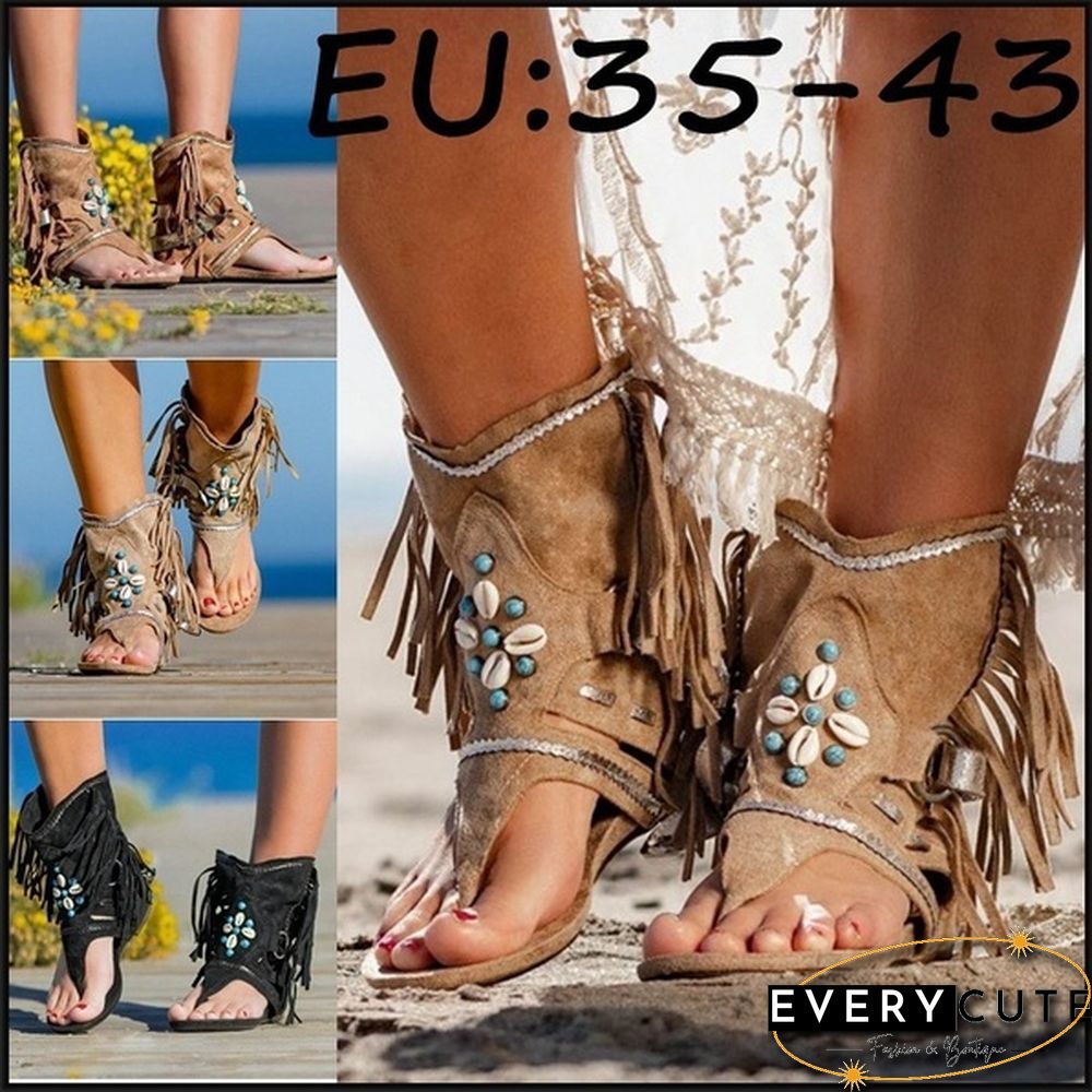 Women's Fashion Tassel Roman Boho Sandals Flock Retro Ankle Sandal Shoes Summer Flats Flip Flops Bohemian Beach Boot Shoes Plus Size