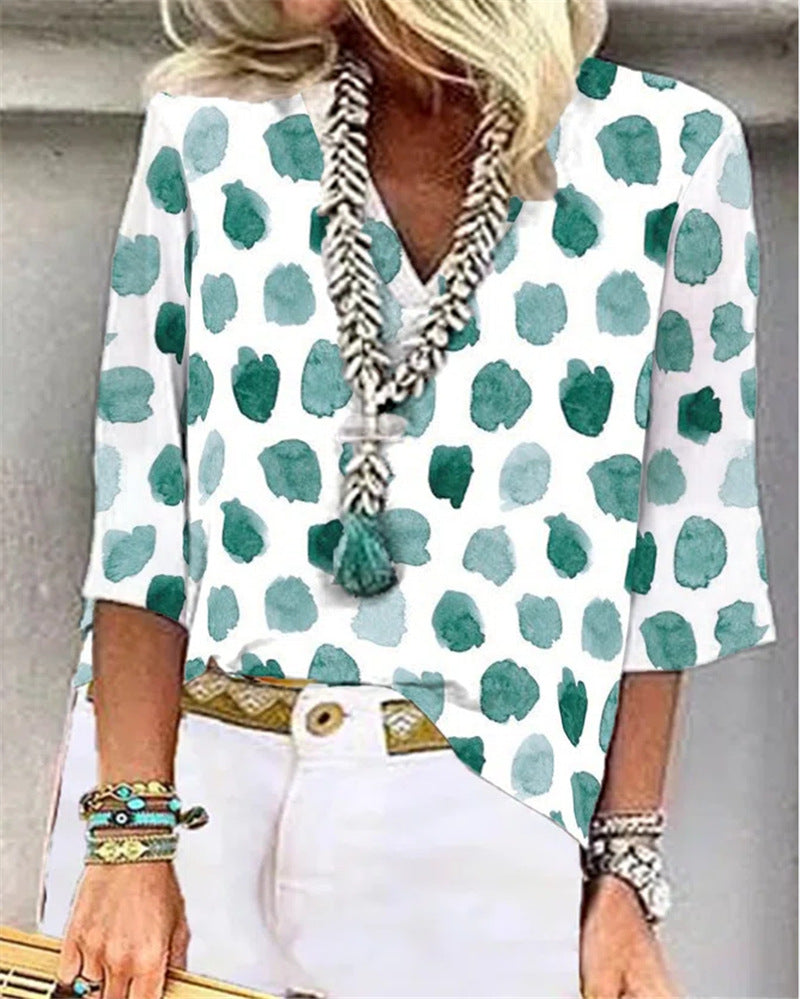 Stylish V-Neck Polka Dot Print Loose Casual Blouses