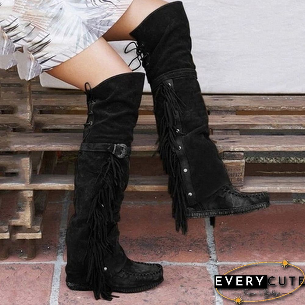 Winter Women Faux Suede Tassel Boots Fashion Ethnic Fringe Boho Long Boots Flat Heel Knee High Boots