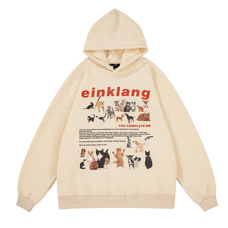 EINKLANG Vintage Cat Dog Plush Oversized Long Sleeve Hoodie