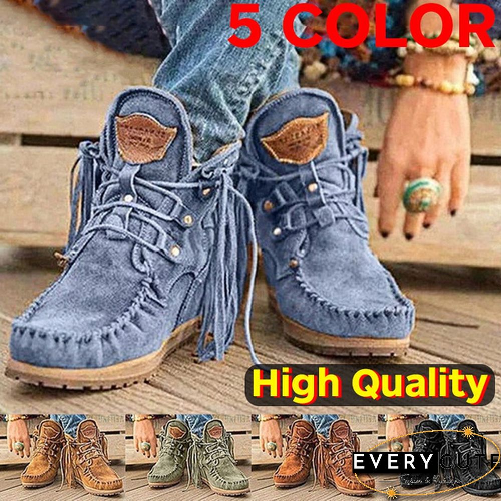 NEW Women Ankle Boots Retro Medieval Suede Faux Leather Tassel Round Toe Mid-Century Suede Faux Leather Casual Shoes