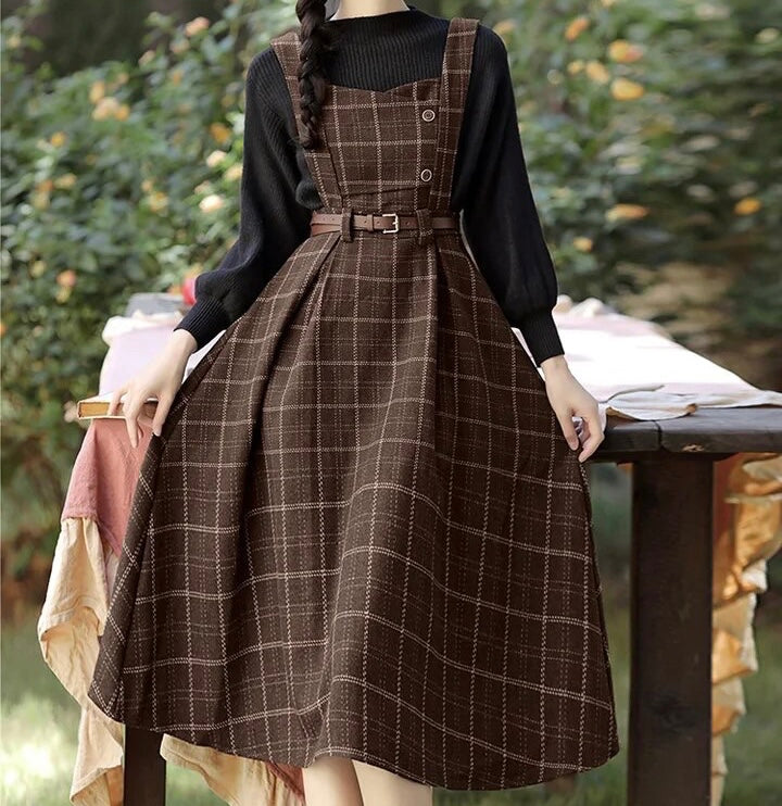 Forest Witch 2-Piece Dark Academia Wool Plaid Dress Set