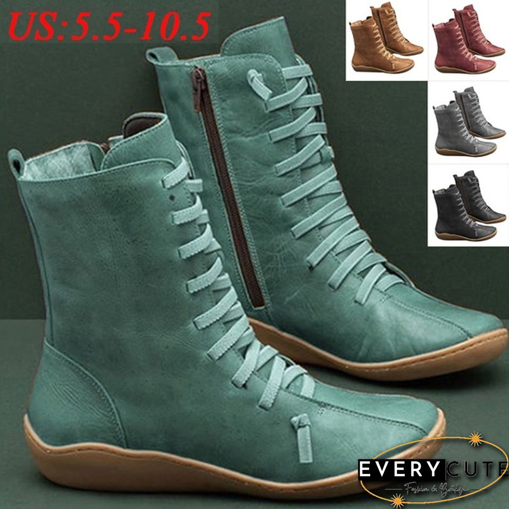 Fashion Women's Leather Boots Side Zipper Martin Boots hick Warm Low Heel Vintage Casual Shoes