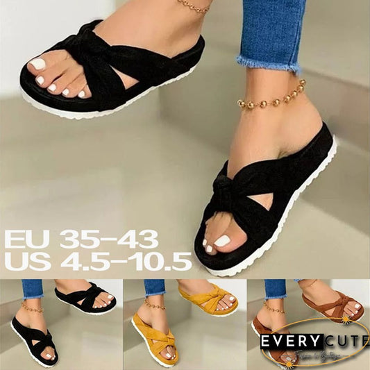 Women Casual Slip on Sandals Beach Shoes with Suede Bow Female Open Toe Platform Slippers Daily Comfortable Flip Flops