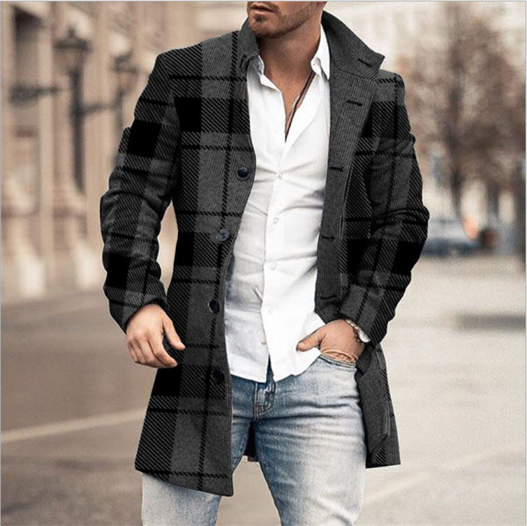 Men's Fashion Stand Collar Slip Pocket Casual Wool Mid-Length Coat