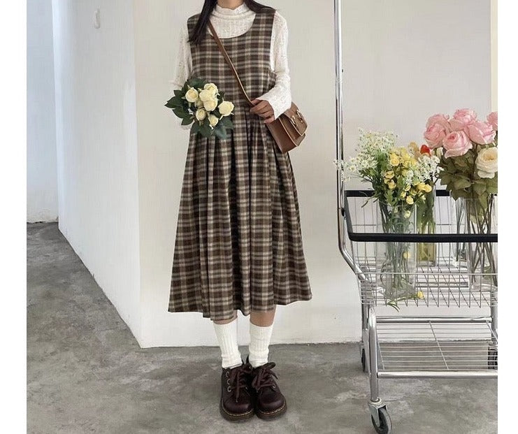 Cozy Treehouse Plaid Dark Academia Pinafore Dress