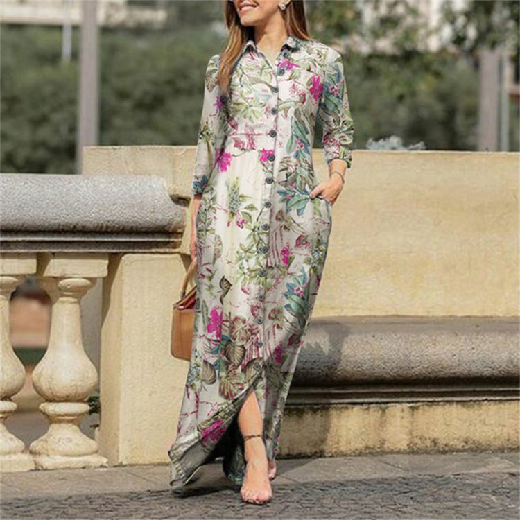 Women's Pleated Shirt Casual Lapel Print Party Maxi Dress