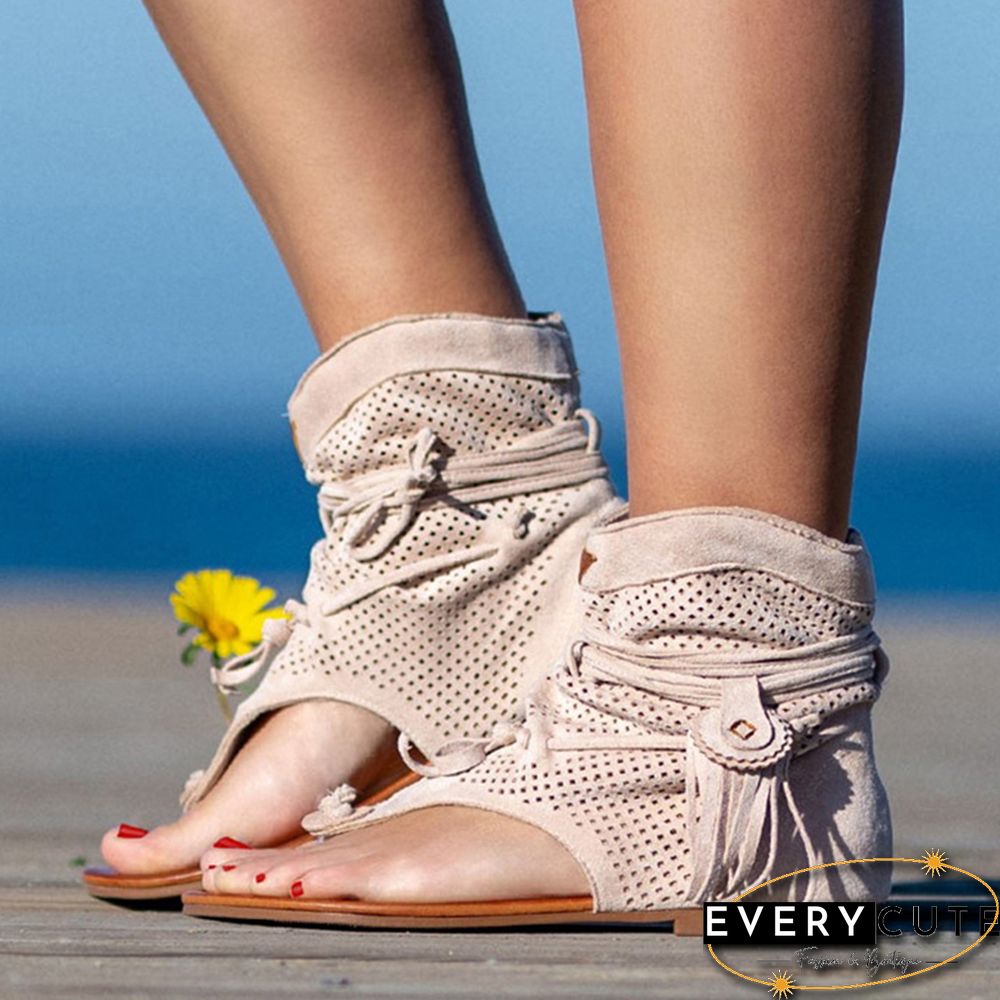 Retro Women Fringe Flower Wedges Shoes Solid Flock Beach Casual Sandals Women Summer Flip Flop Sandals