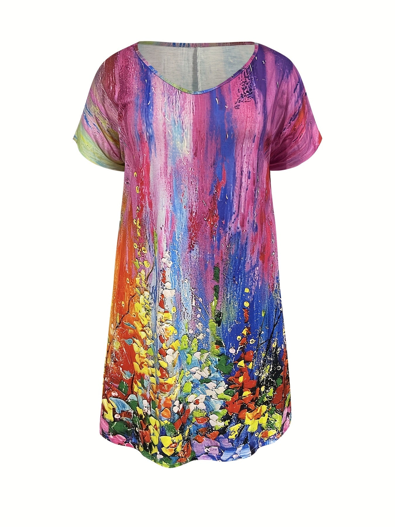 Plus Size Elegant Dress, Women's Plus Painting Print Short Sleeve Slight Stretch V Neck Dress