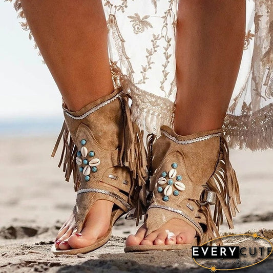 Retro Women Fringe Flower Wedges Shoes Solid Flock Beach Casual Sandals Women Summer Flip Flop Sandals