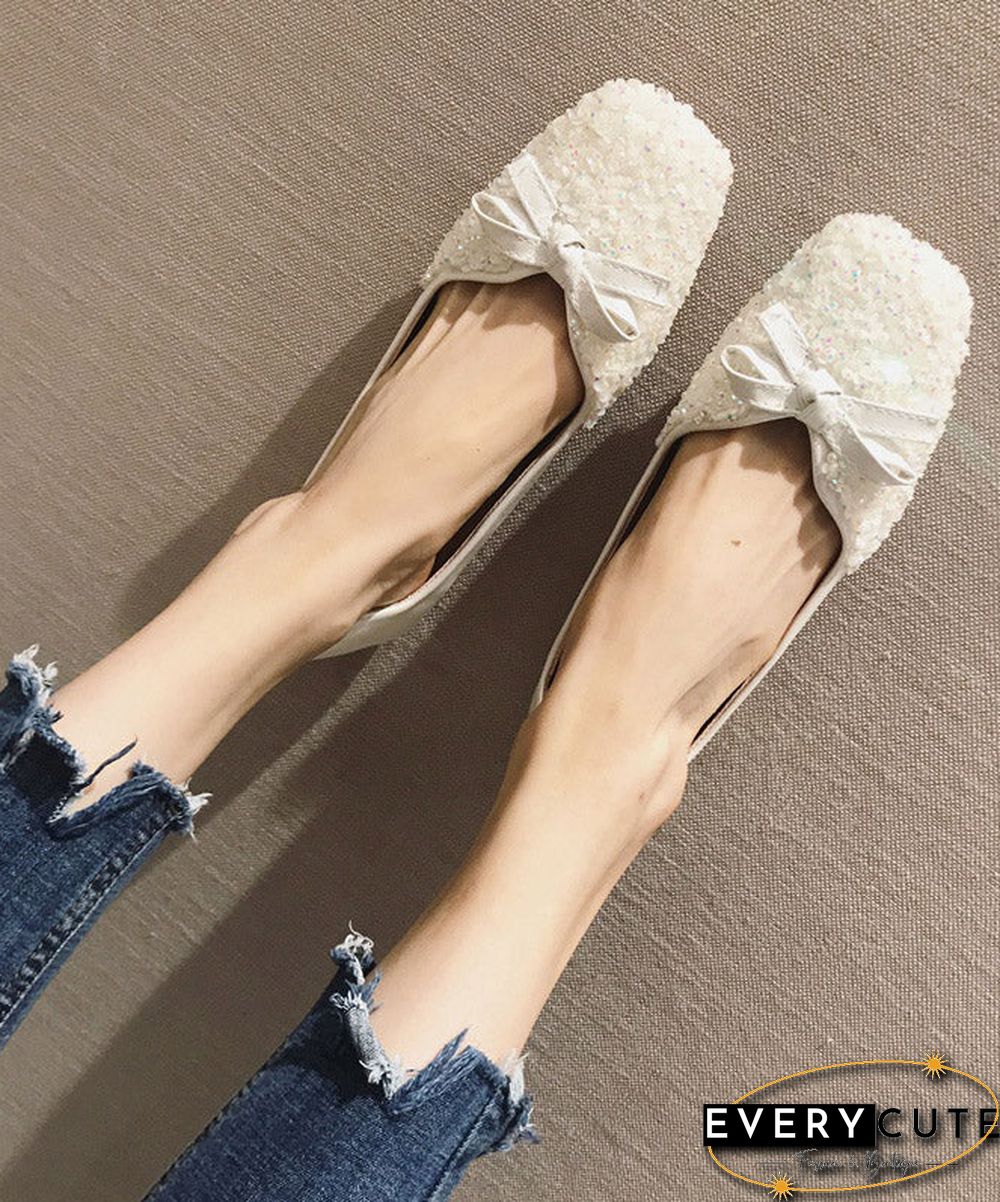 Beautiful White Splicing Sequlinde Bow Flats Shoes