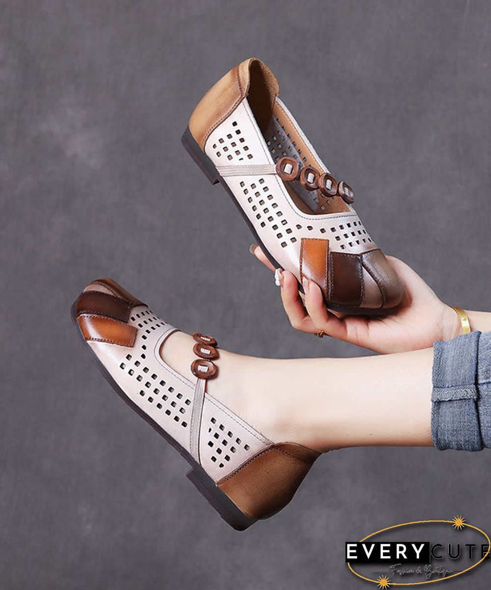 Fashion Splicing Flat Shoes Brown Hollow Out Cowhide Leather