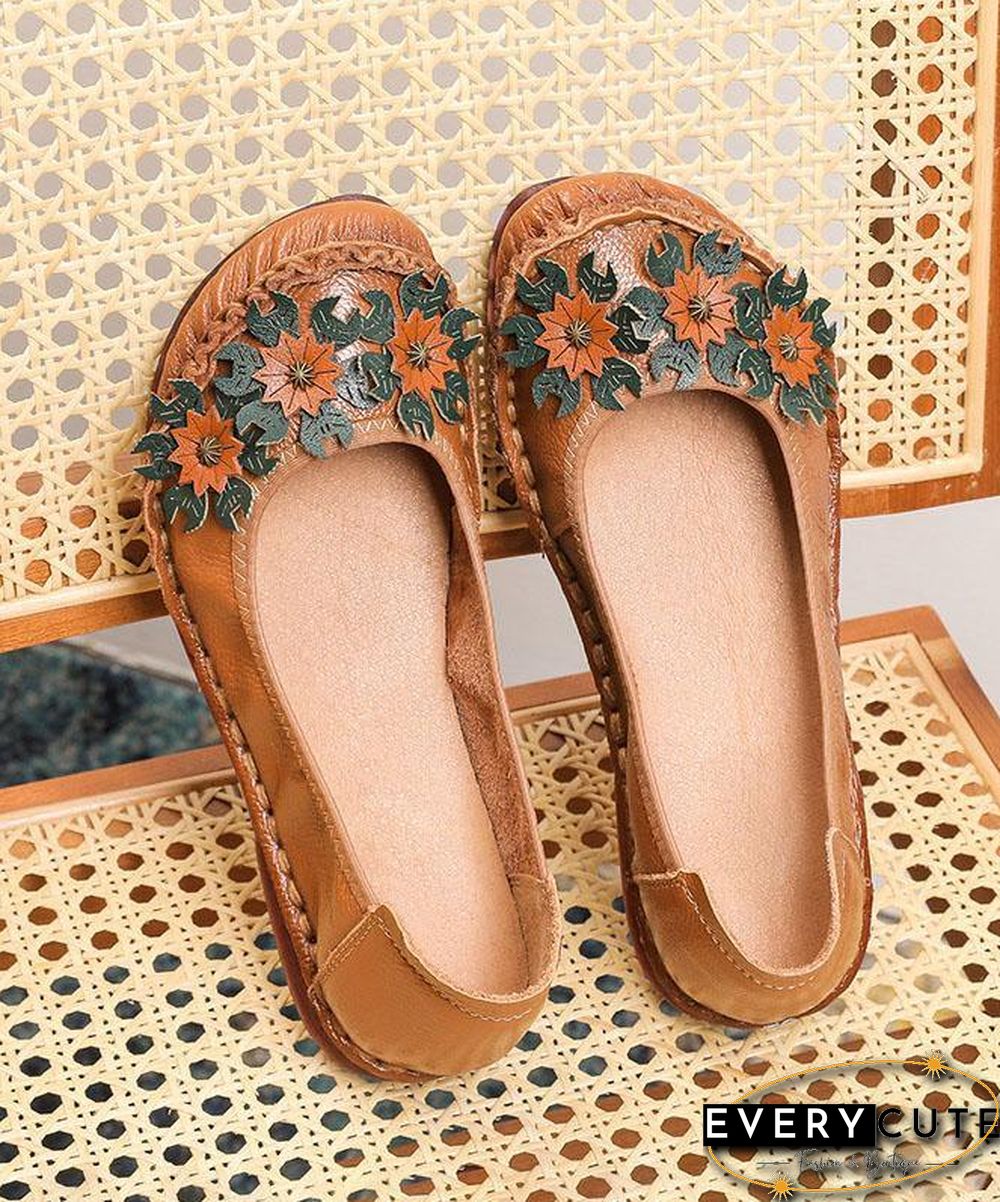 Black Floral Cowhide Leather Flats Splicing Flat Feet Shoes