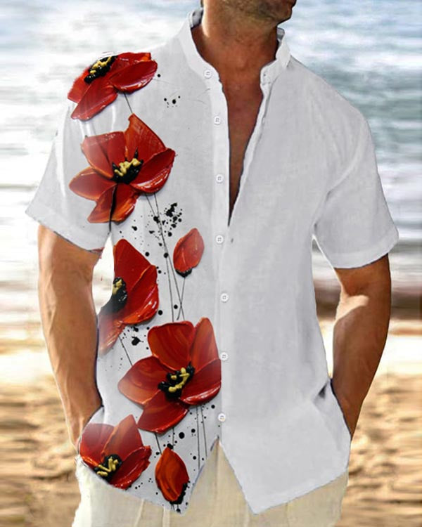 Men's Poppy Stand Collar Loose Short Sleeve Shirt