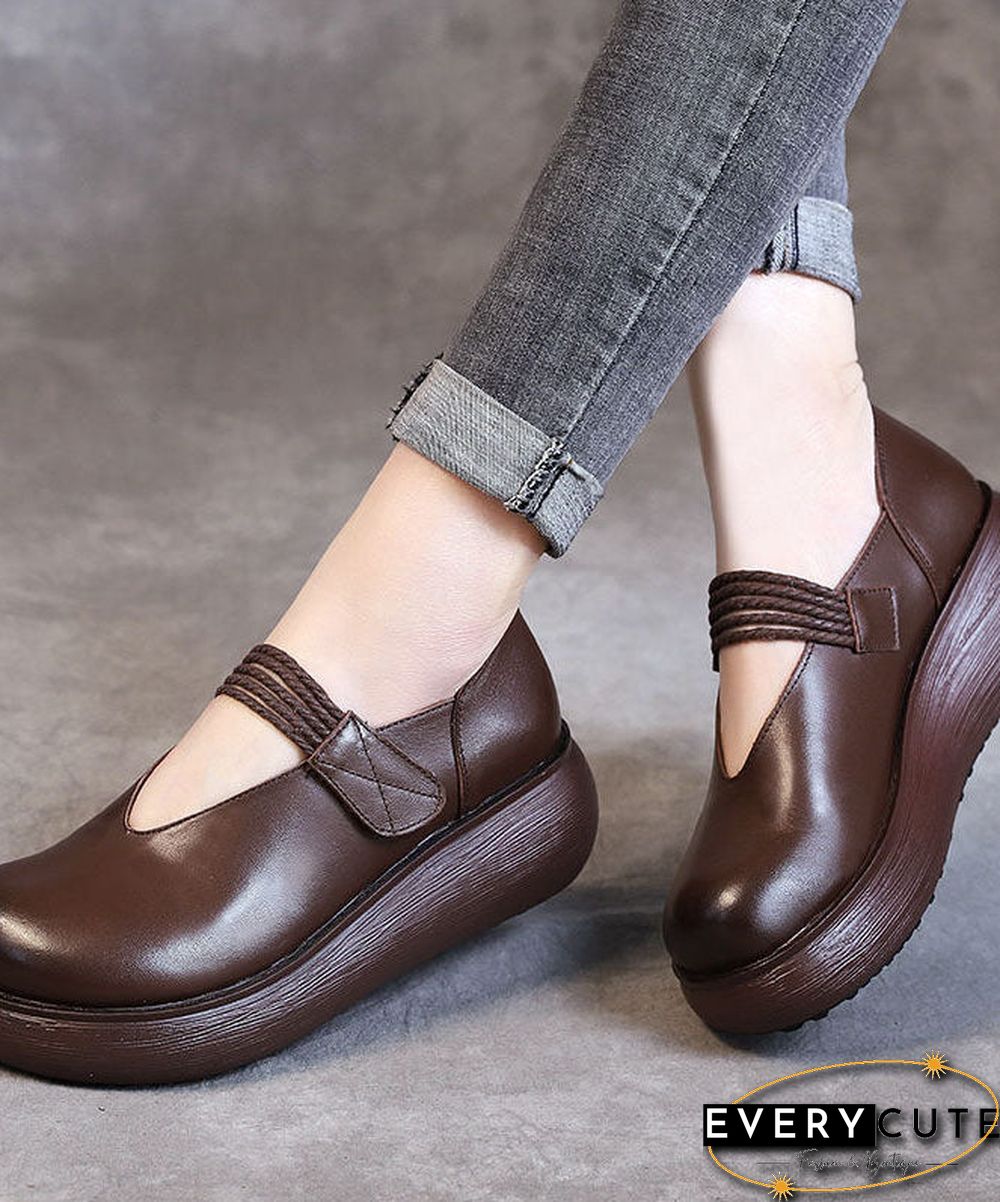 DIY Splicing Chunky High Wedge Heels Shoes Brown Cowhide Leather