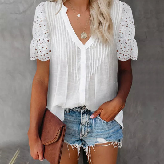 Women's Top V-Neck Lace Casual Fashion T-Shirt