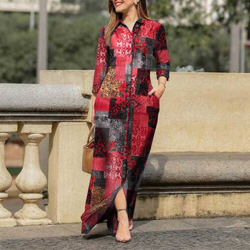 Women's Pleated Shirt Casual Lapel Print Party Maxi Dress