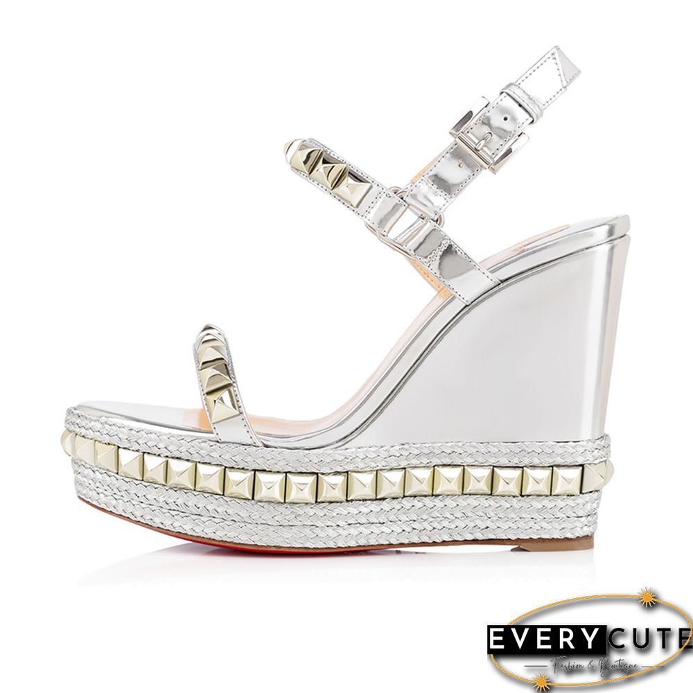 Rivet Wedges Sandals Waterproof Super High Heel Summer Women Shoes Ankle Buckle Round Open Toe Cut Out Silver Sandals