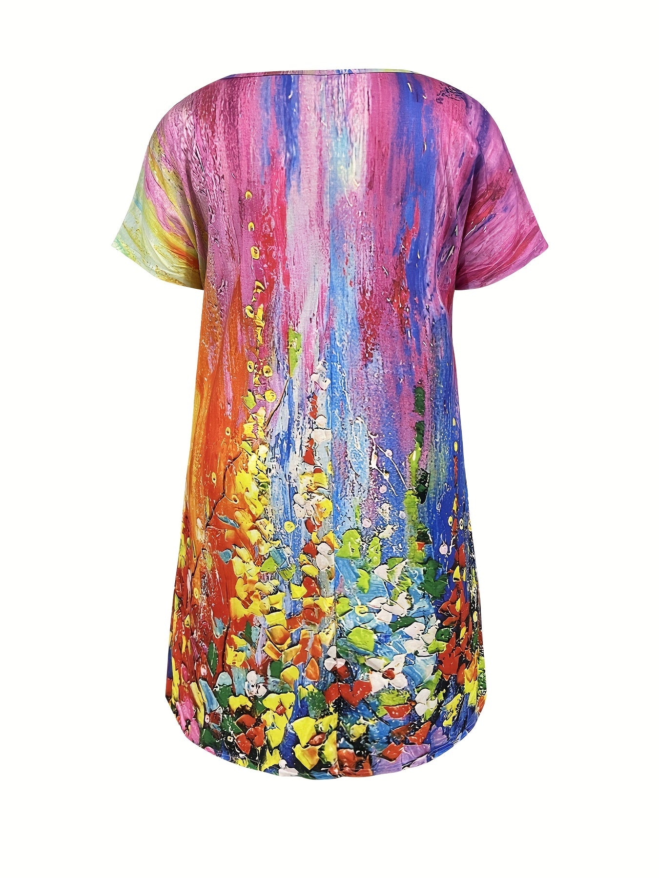 Plus Size Elegant Dress, Women's Plus Painting Print Short Sleeve Slight Stretch V Neck Dress