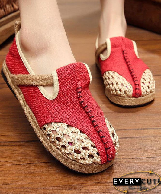 Red Flat Feet Shoes Linen Fabric Casual Hollow Out Flats