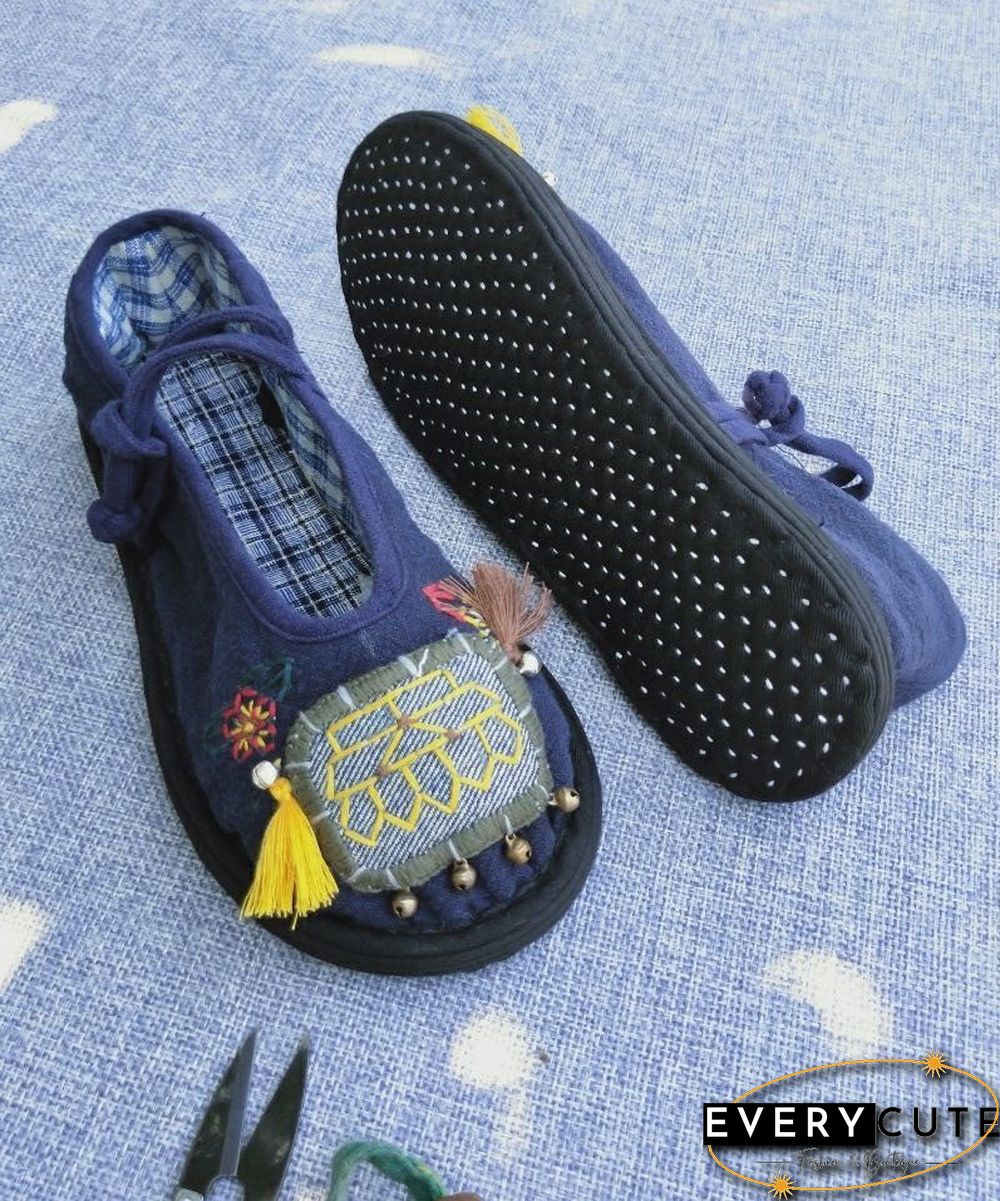 Handmade Navy Tassel Splicing Women Cotton Fabric Flat Feet Shoes