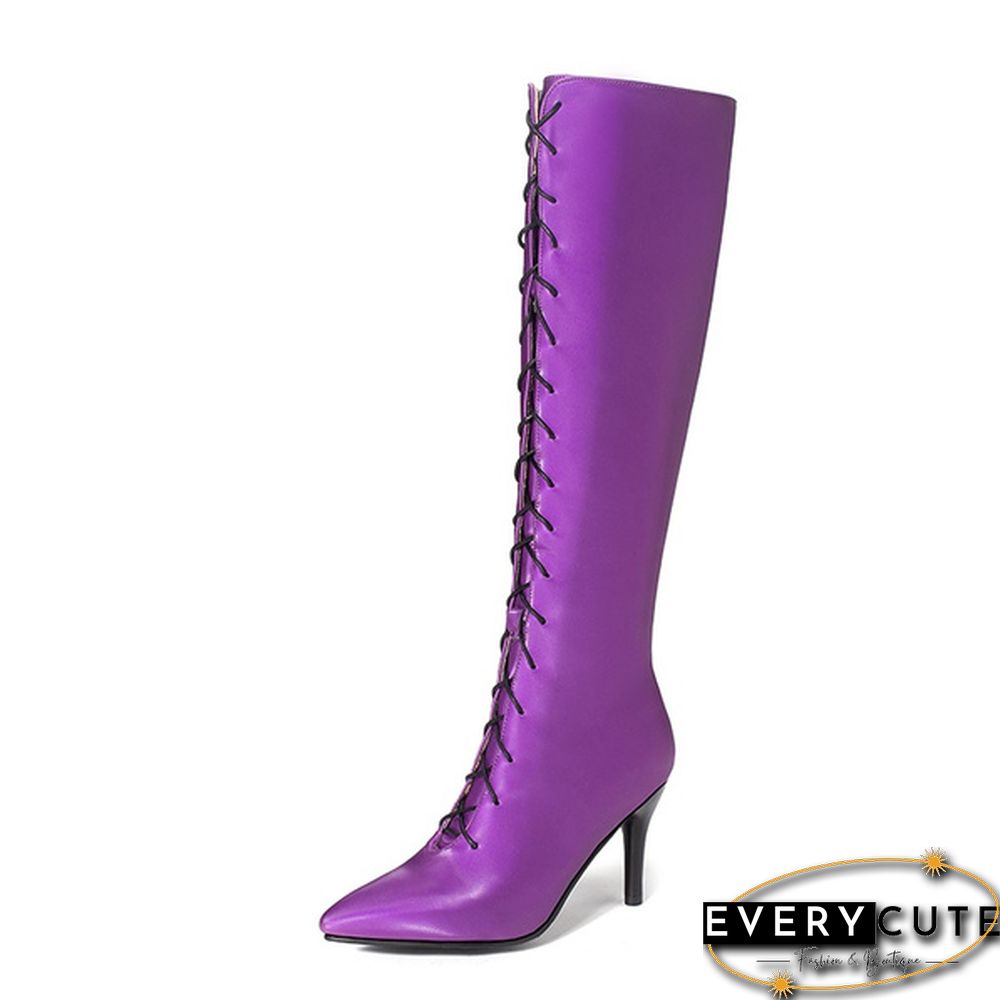 New Women's Sexy Pointed Toe Front Lace-Up High Heel Stiletto Stretch Over The Knee High Boot