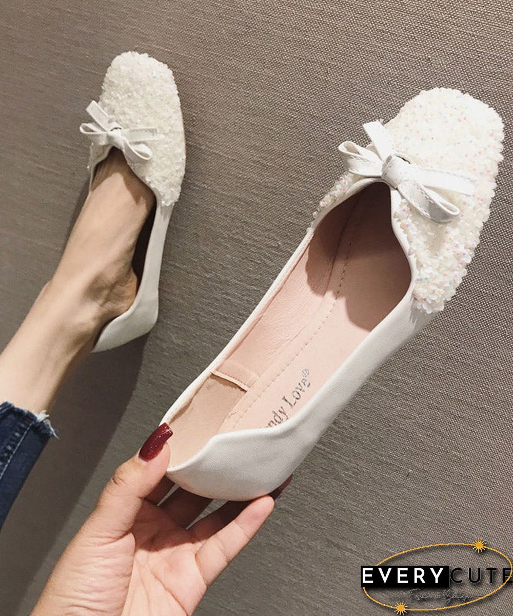 Beautiful White Splicing Sequlinde Bow Flats Shoes