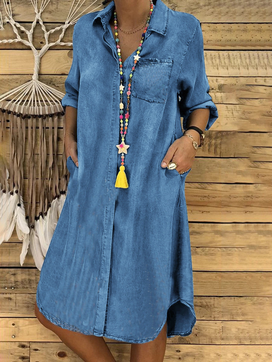 Fashion Solid Color Lapel Long Sleeve Loose Denim Casual Dress