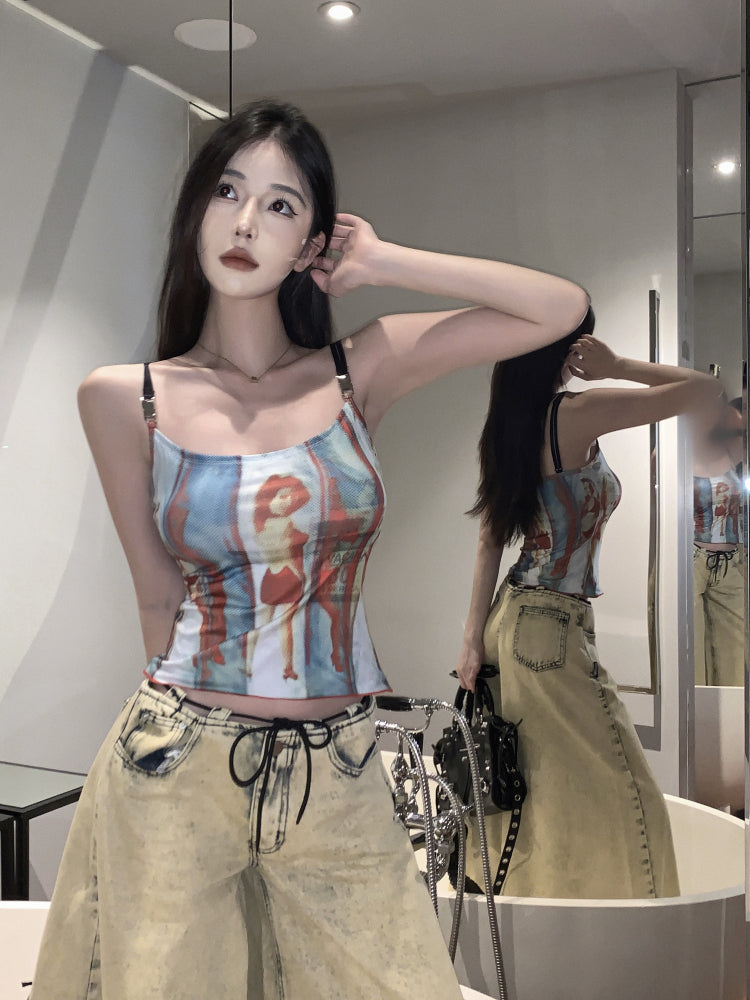 Lizia Graphic Image Print Y2k Hot Girl Spaghetti Slim Camisole Cropped Top