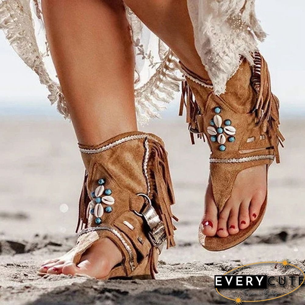 Women's Fashion Tassel Roman Boho Sandals Flock Retro Ankle Sandal Shoes Summer Flats Flip Flops Bohemian Beach Boot Shoes Plus Size