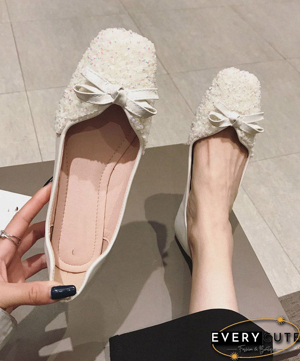 Beautiful White Splicing Sequlinde Bow Flats Shoes