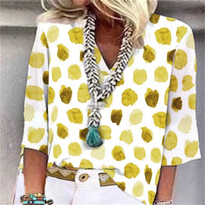 Stylish V-Neck Polka Dot Print Loose Casual Blouses