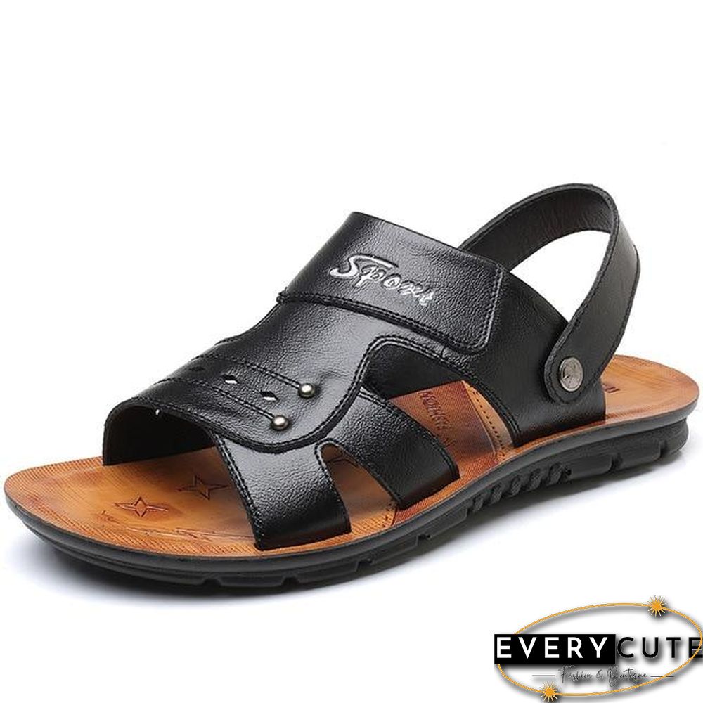 Big Size Men's Genuine Leather Sandals Non-Slip Slippers Flats Beach Shoes