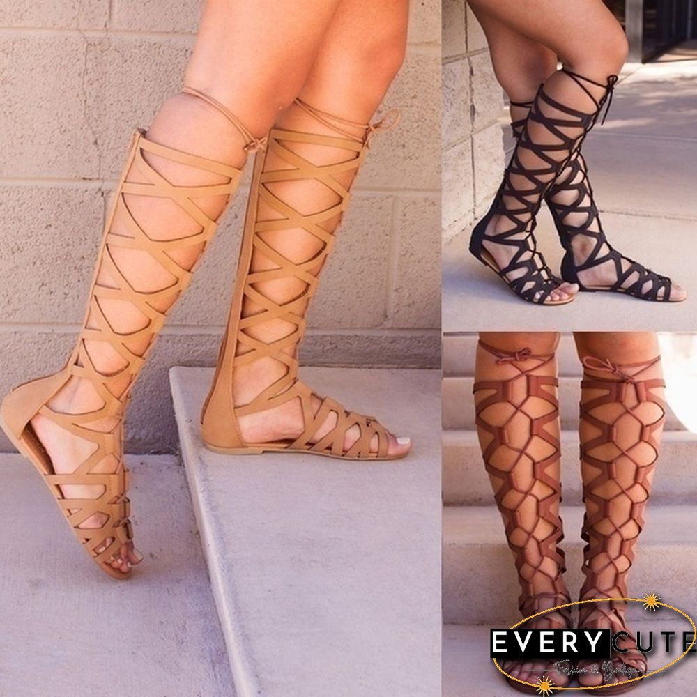 New Women Fashion Gladiator Sandals Flats Summer Shoe Ladies Sexy Casual Knee-High Boots Multi-Strap Gladiator Sandals Women Shoes Plus Size 35-43