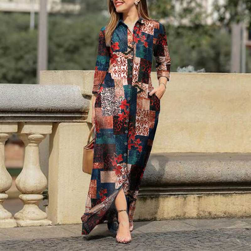 Women's Pleated Shirt Casual Lapel Print Party Maxi Dress