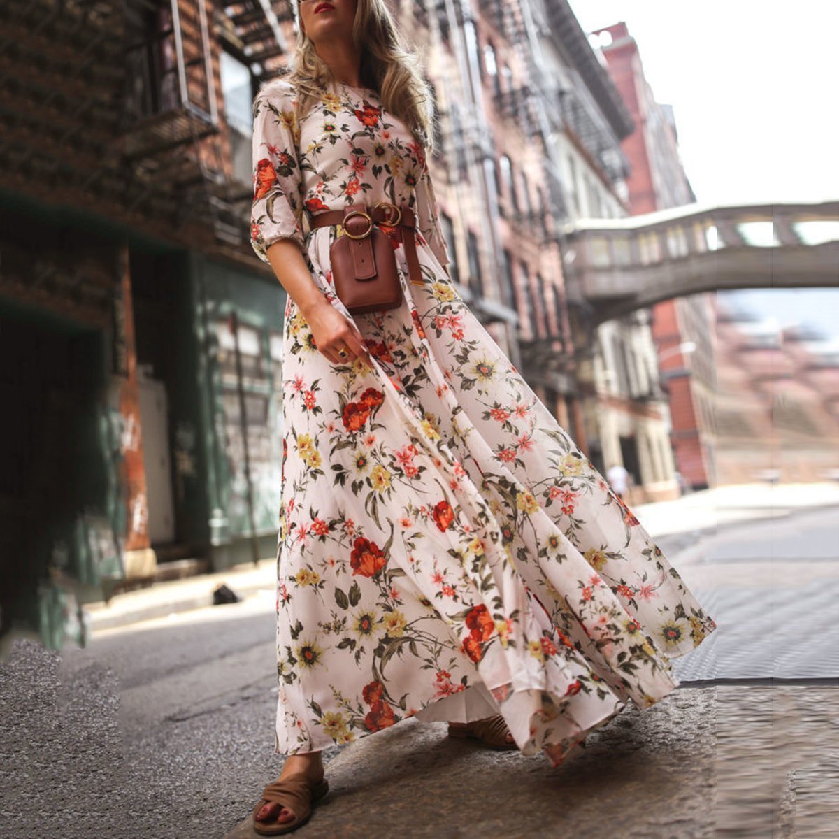 Stylish Elegant Floral Print Half Sleeve Maxi Dresses