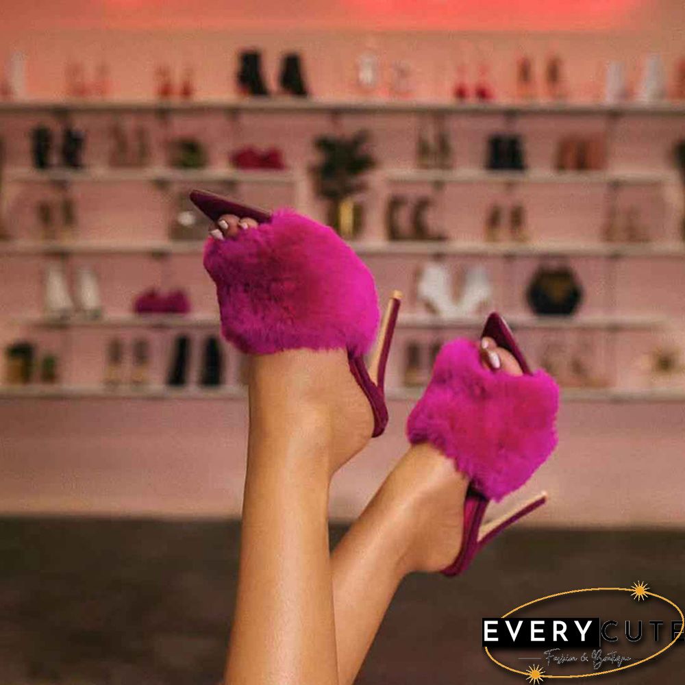 European Station Sandals Candy Color Luxury Rabbit Fur High Heel Sandals Slippers Femme Evening Party Women Shoes 35-43