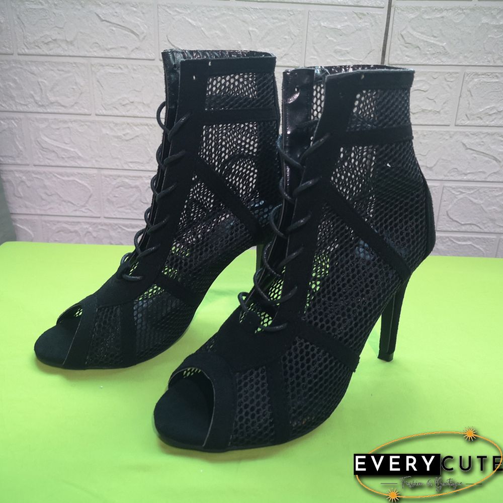 Women's High Top Dance Shoes Black Ballroom Boots Salsa Tango Shoes Girl Fashion Party Mesh Cutout High Heel Sandals Summer