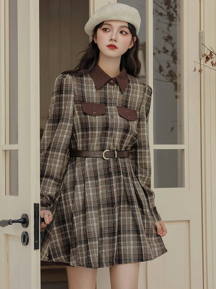 Foggy Skies Plaid Dark Academia Wool Dress