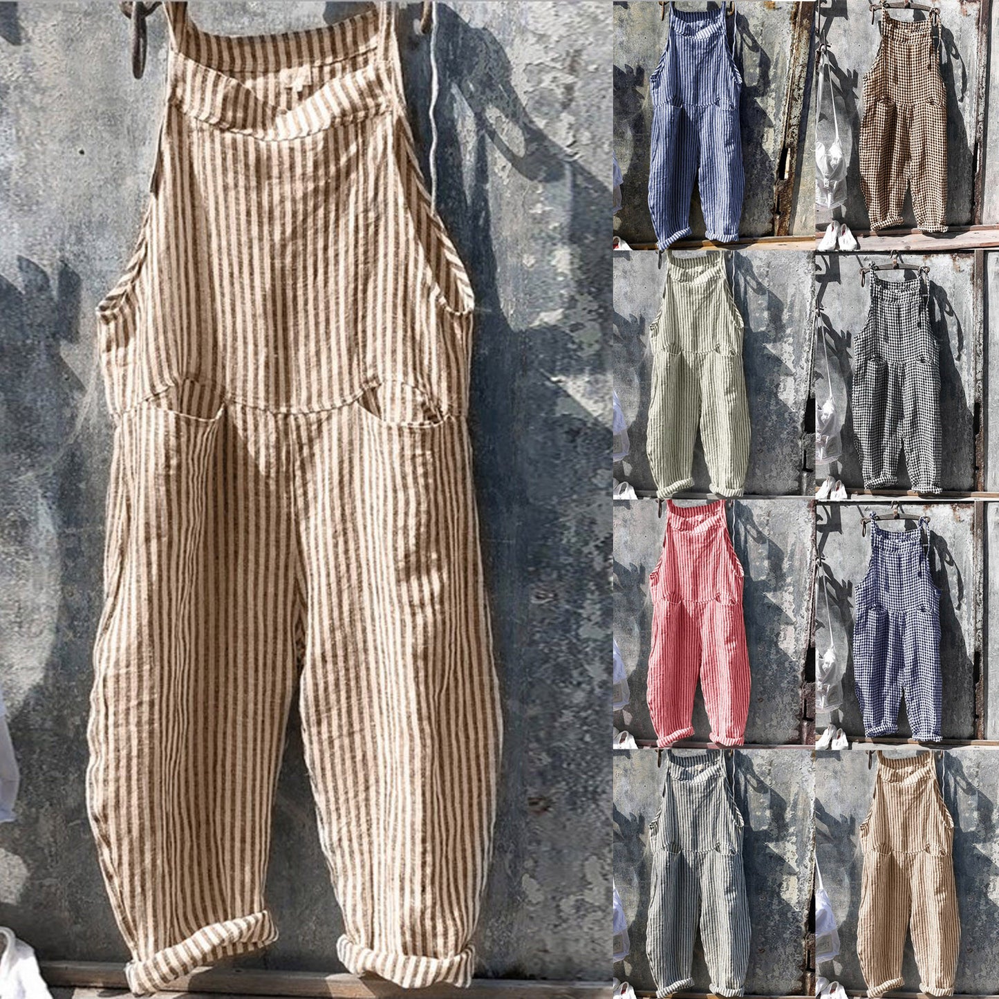 Ladies Casual Striped Sleeveless Loose Fashion Plaid Jumpsuit