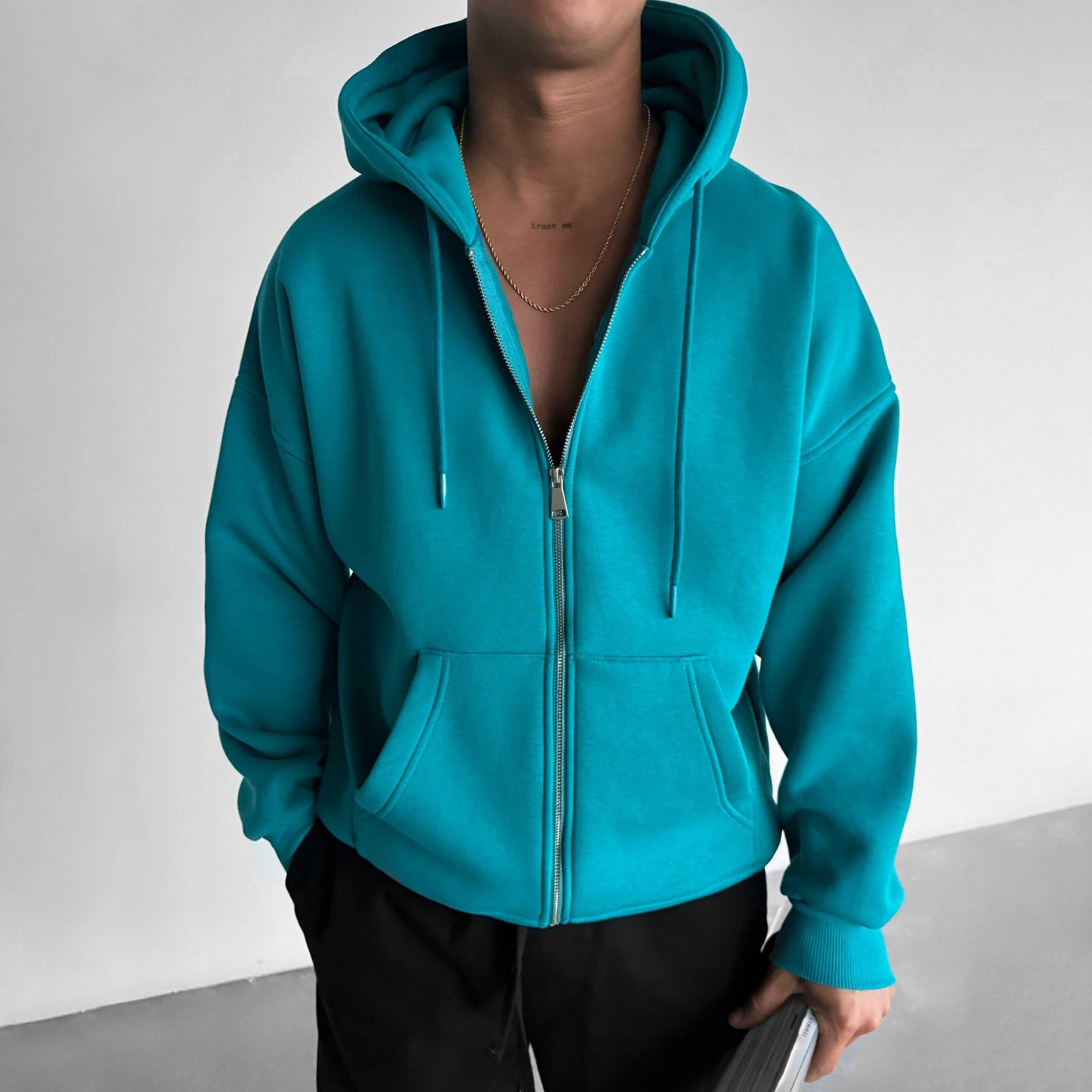 Oversize Basic Zipper Hoodie - Ocean