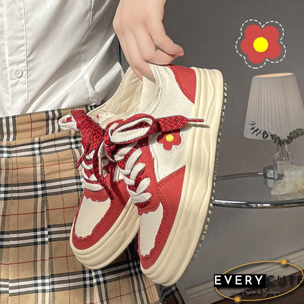 Little Red Flower Colorblock Canvas Shoes