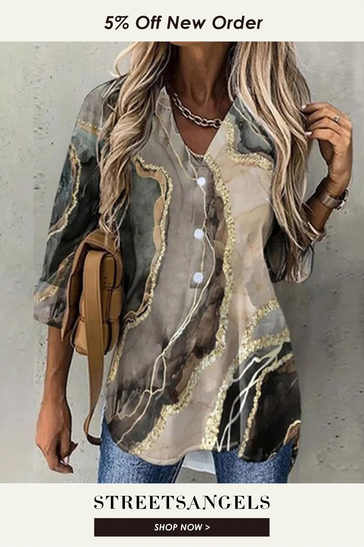 Fashion Sexy V-Neck Printed Single Breasted Casual Loose Blouses